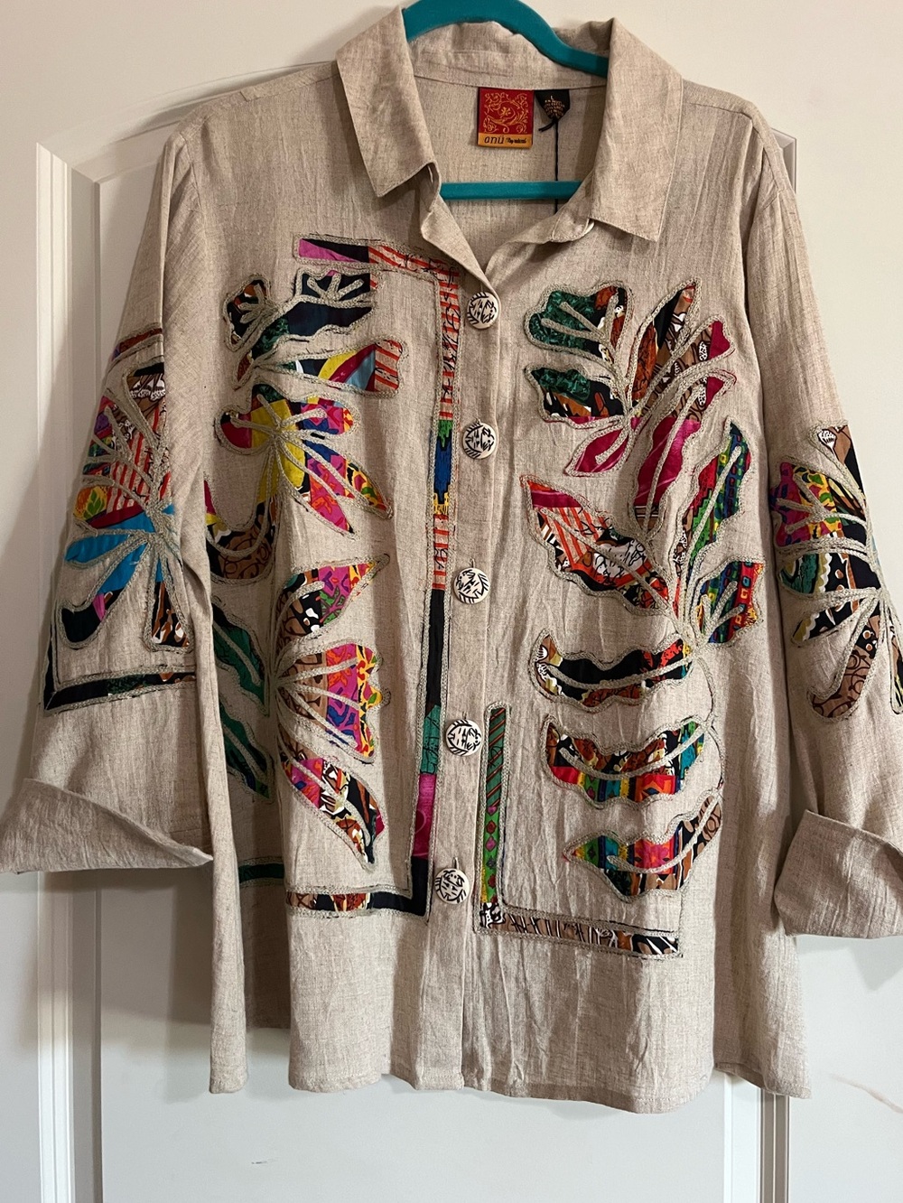 ANU Boho Embroidered Top Jacket with Multicolor Appliqué Unique Buttons. NWT LGE - Picture 2 of 10